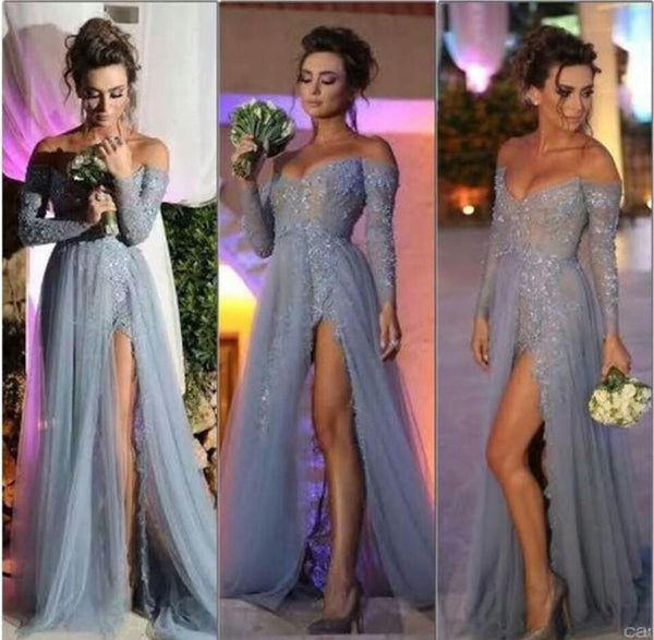 Custom Made A Line Sweetheart Neck Long Sleeves Silver Grey Prom Dresses, Long Formal Dresses