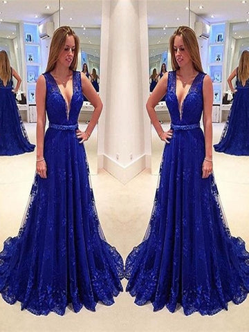 Royal Blue A Line V Neck Sweep Train Lace Prom Dress, Royal Blue Lace Formal Dress