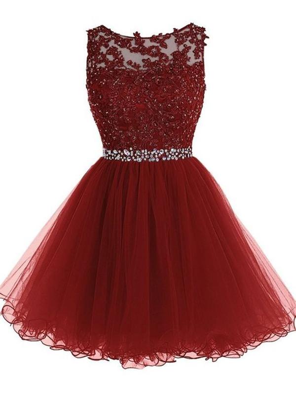 Custom Made Round Neck Short Burgundy Lace Prom Dress, Burgundy Gradua