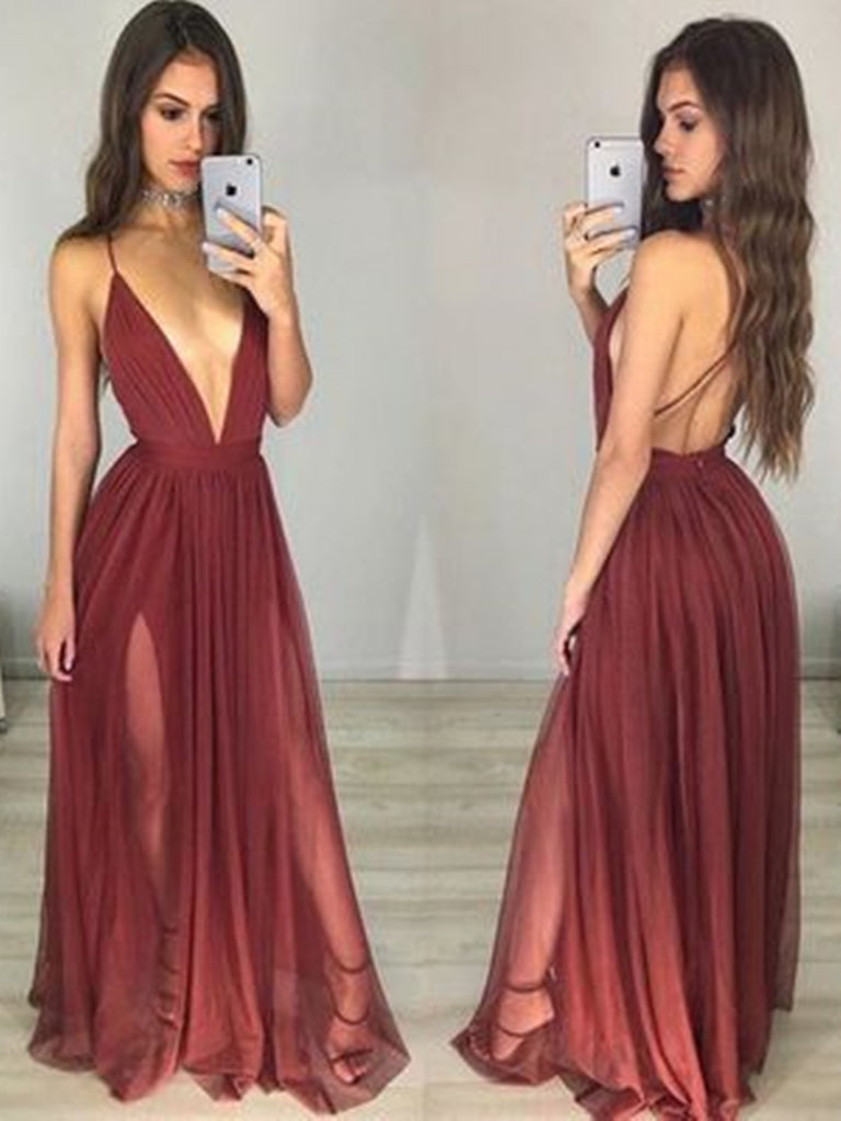 Sexy Backless Deep V Neck  a  line Side Slit Chiffon Long Evening Prom Dresses,  Long  formal Dresses