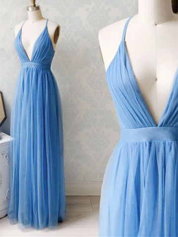 V Neck Blue Chiffon Long Prom Dresses, Blue Long V Neck Chiffon Formal Evening Dresses, Blue Bridesmaid Dresses
