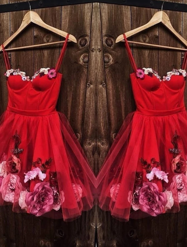 Sweetheart Neck Red Short 3D Floral Prom Dresses, Red Floral Short For morievent Sweetheart Neck Red Short 3D Floral Prom Dresses, Red Floral Short For morievent