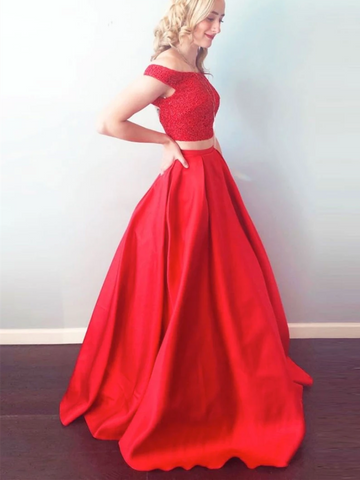 Off Shoulder Beaded Red Two Pieces Satin Long Prom Dresses, Off The Shoulder Red 2 Pieces Beaded Long Formal Evening Dresses