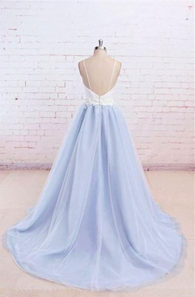 Sweetheart Neck Blue and White Sweep Train Prom Dress, Formal Dress