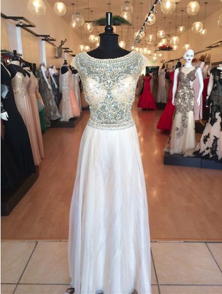 A Line Round Neck Cap Sleeves Floor Length Prom Dress, Cap Sleeves Formal Dresses Front