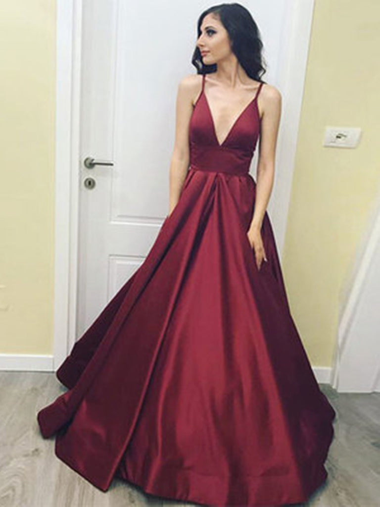 Burgundy V-Neck Satin Spaghetti Straps Prom Dresses, Sexy Formal Dress morievent Burgundy V-Neck Satin Spaghetti Straps Prom Dresses, Sexy Formal Dress morievent