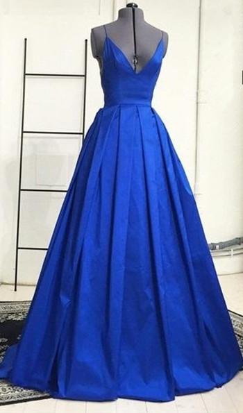 Custom Made A Line V Neck Backless Long Blue Prom Dress, Formal Dresses