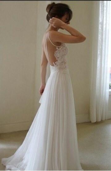 A Line Ivory Backless Lace Wedding Dresses, Backless Lace Prom Dresses