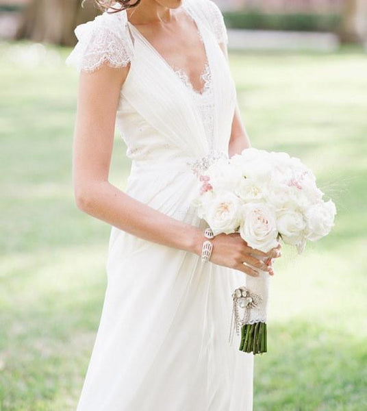 A line V neck Cap Sleeves White Long Lace Wedding Dress Back