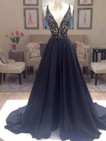 Custom Made V Neck Sweep Train Long Black Lace Prom Dress, Black Long Lace Formal Dresses