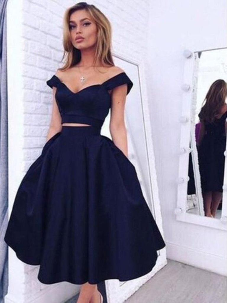 Custom Made 2 Pieces Off Shoulder Short Navy Blue Prom Dresses, Short morievent Custom Made 2 Pieces Off Shoulder Short Navy Blue Prom Dresses, Short morievent