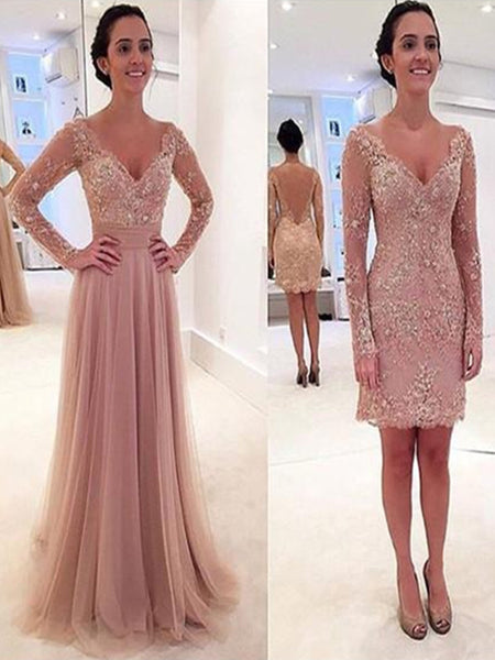 Custom Made V Neck Long Sleeves Lace Wedding Dresses, Lace Prom Dresses, Formal Dresses
