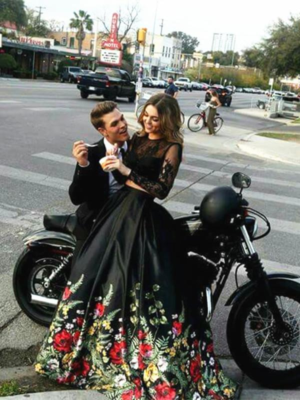 Custom Made 2 Pieces Long Sleeves Black Lace Prom Dress, 2 Pieces Blac morievent Custom Made 2 Pieces Long Sleeves Black Lace Prom Dress, 2 Pieces Blac morievent