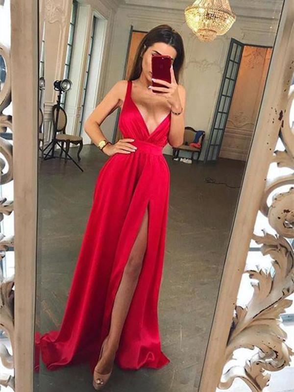 Long A Line V Neck Red Prom Dress with Slit, V Neck Red Formal Dress, Red V Neck Bridesmaid Dress