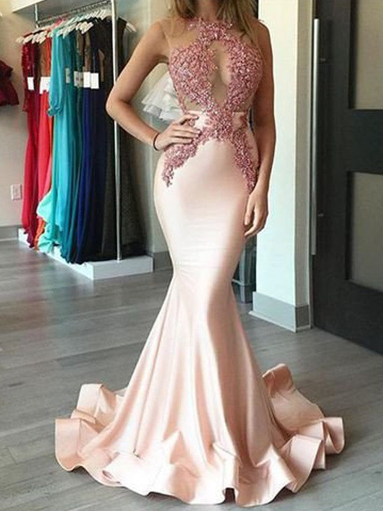 Custom Made Light Pink Mermaid Lace Prom Dresses, Sleeveless Formal Dresses