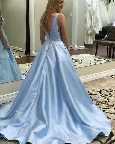 Simple A Line V Neck Sky Blue Long Satin Prom Dresses, Sky Blue Formal Evening Dresses With Pockets