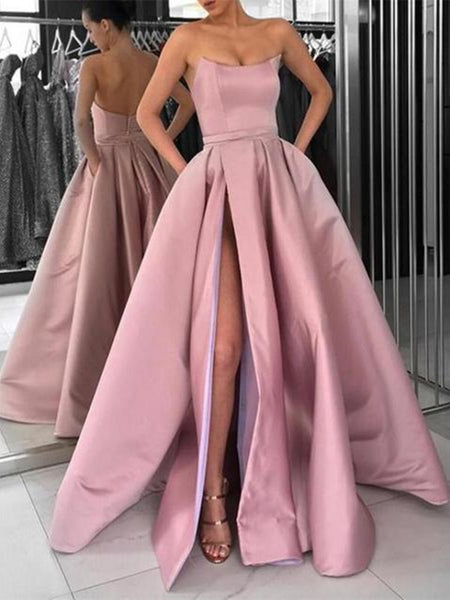 High Slit Pink/Navy Blue/Burgundy Prom Dresses, Strapless Formal Dresses 