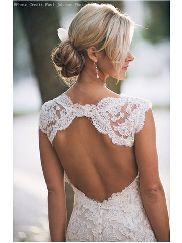 Custom Made A Line Backless V Neck Lace Wedding Dress, Lace Bridal Dress,Lace Wedding Gown