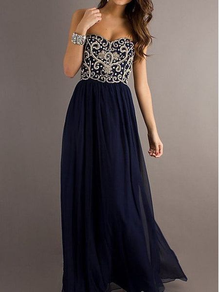 A Line Sweetheart Neck Navy Blue Floor Length Long Prom Dress, Formal Dresses