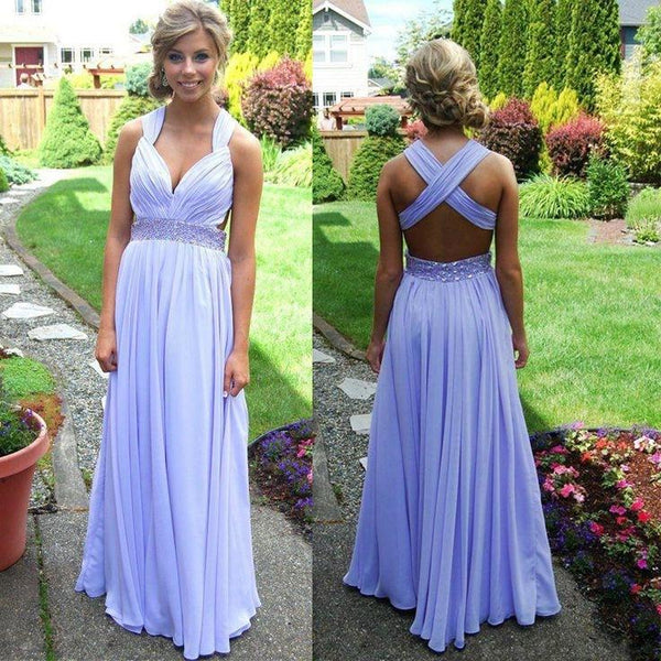 A-line Straps Cross-back Floor Length Lilac Prom Dress, Purple Formal Dress