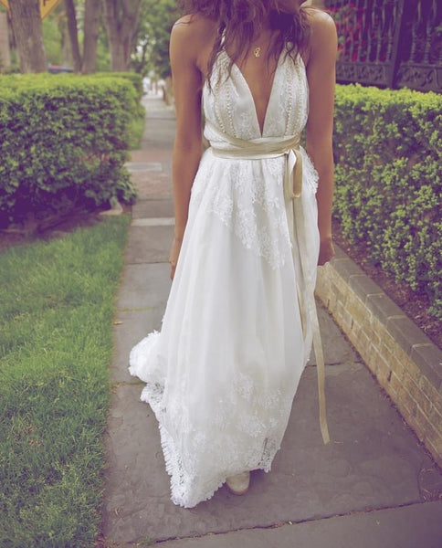 A Line Halter Neck Backless Lace Wedding Dresses, Backless Lace Prom Dress