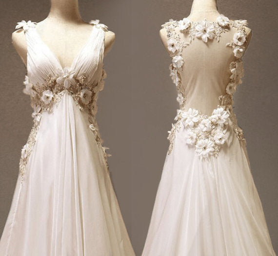 Custom Made A Line V Neck Court Train Long Wedding Dress, Long Lace Prom Dress, Formal Dress