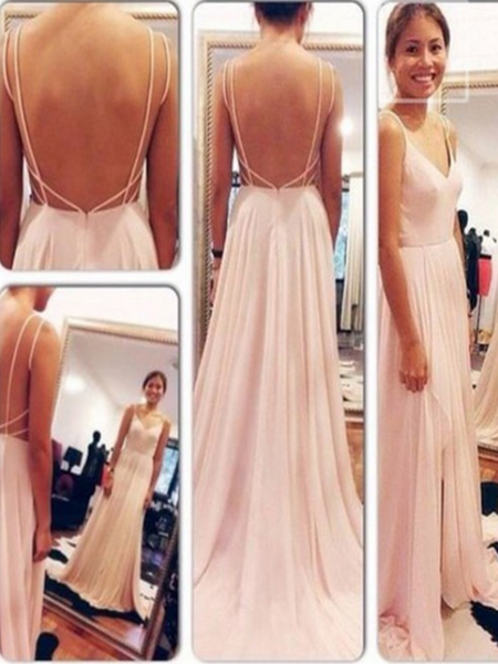 A Line Sweetheart Neck Pink Backless Prom Dress, Pink Backless Formal Dress, Bridesmaid Dress