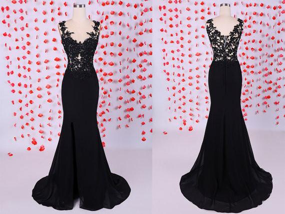 Custom Made Black Mermaid Lace Prom Dresses, Black Lace Evening Dresses