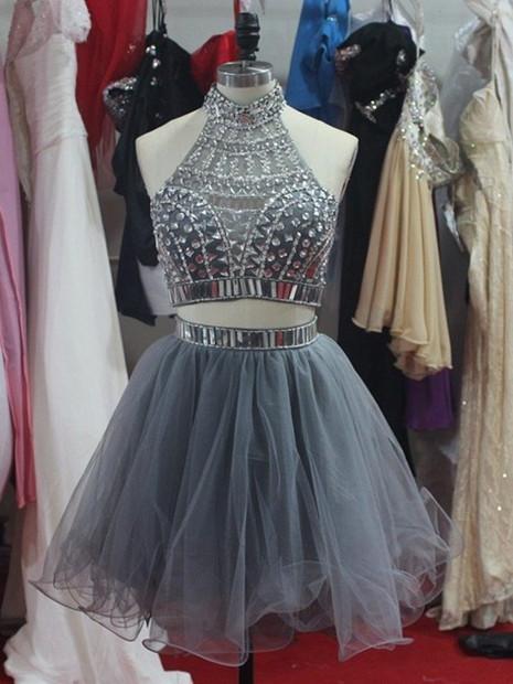 Short A Line Two Pieces Grey Prom Dresses, Short Homecoming/Graduation morievent Short A Line Two Pieces Grey Prom Dresses, Short Homecoming/Graduation morievent