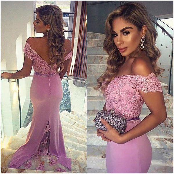 Custom Made Off Shoulder Mermaid Lace Prom Dresses, Mermaid Lace Formal Dresses, Off Shoulder Bridesmaid Dresses