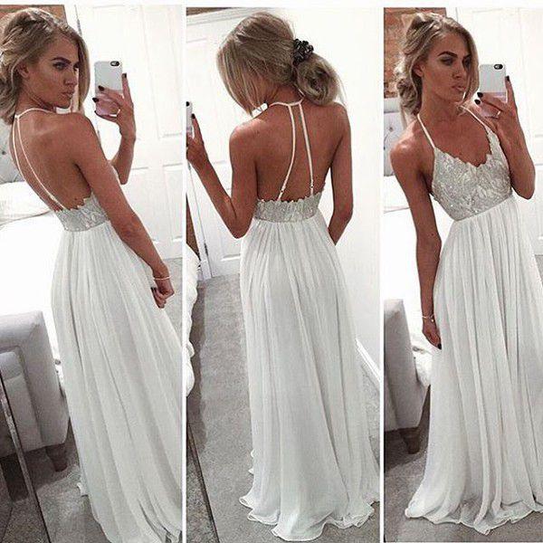 A Line Halter Neck White Backless Floor Length Chiffon Prom Dress With Sequins, White Backless Formal Dress