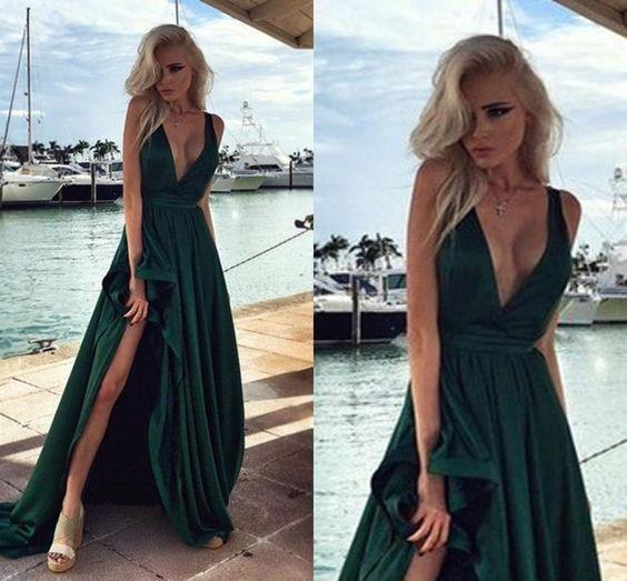 Deep V Neck Dark Green Prom Dress, Dark Green V Neck Formal Dress