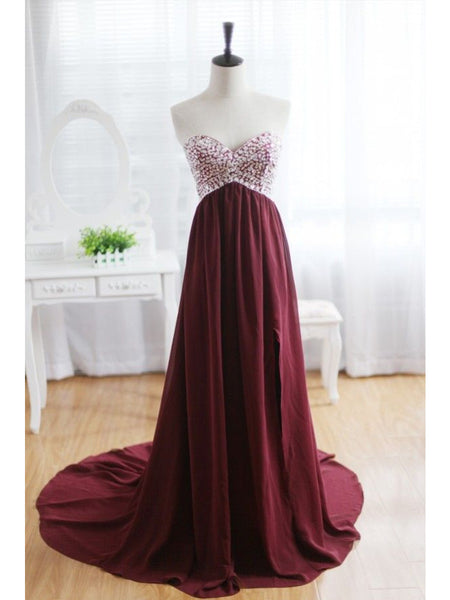 Custom Made A Line Sweetheart Neck Maroon Sweep Train Prom Dresses, Formal Dresses