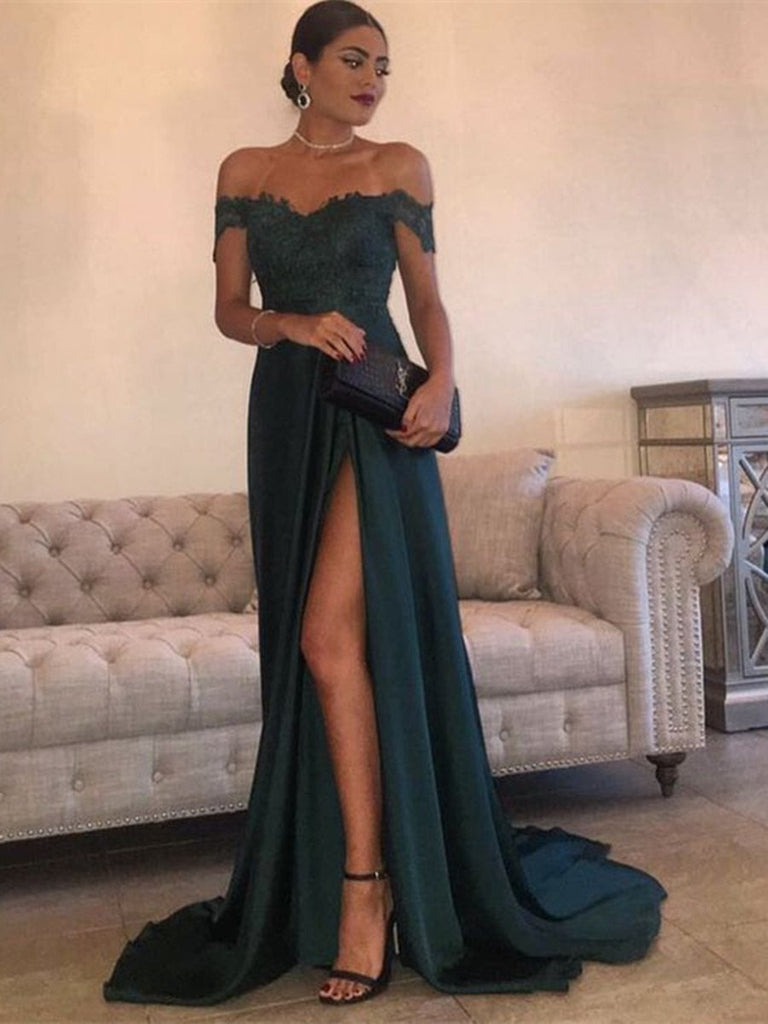 Sexy Dark Green A Line Off Shoulder Lace Prom Dress With Train