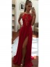 A-Line Halter Red Halter High Slit Prom Dresses, Sexy Formal Dresses 