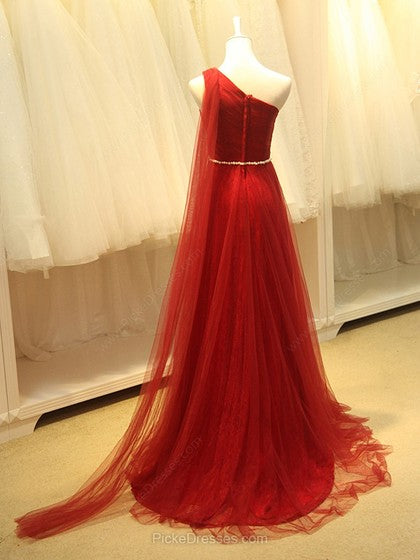A-Line Red One Shoulder Prom Dress, Long Pleated Tulle Formal Dresses