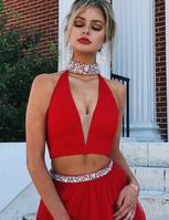 Fashion Two Piece Sleeveless Long Red Prom Dress, V-Neck Formal Dresses, Red Homecoming Dresses