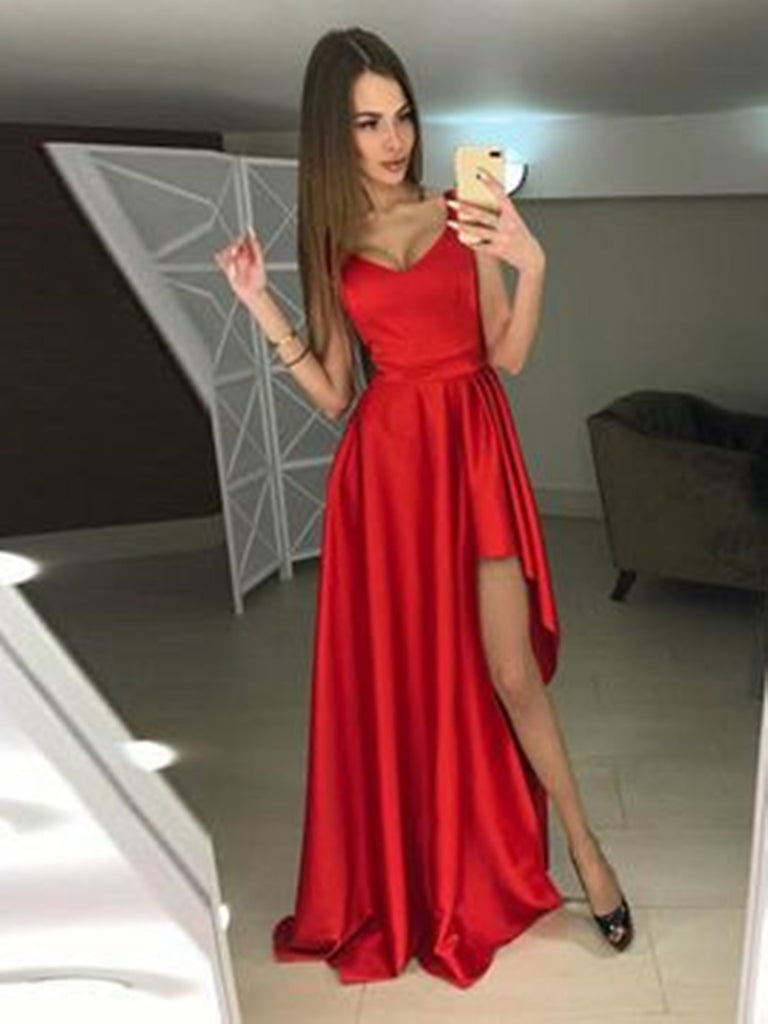 Red Long High-Low Prom Dresses, A-line Formal Dresses, Graduation School Party Gown