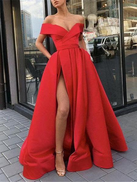 Sweetheart Slit Prom Dresses, A-Line Formal Dresses, Off Shoulde Ball Gown