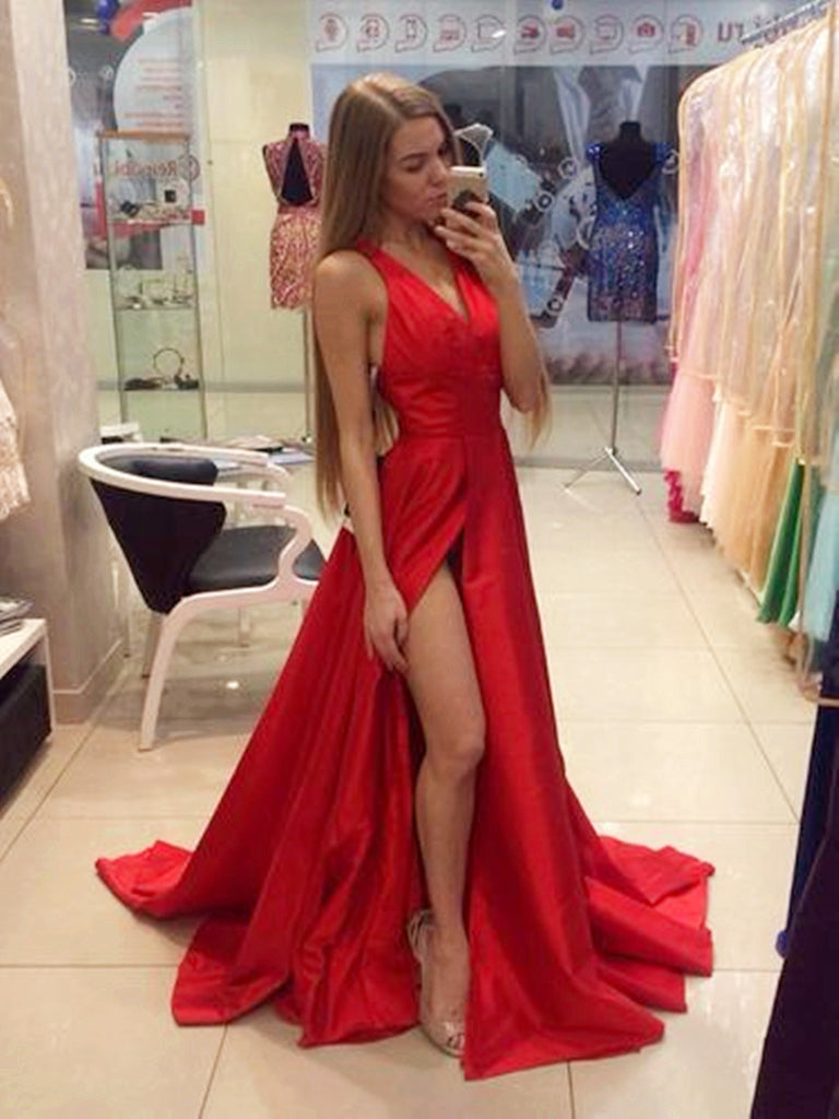 Slit Red A-line Prom Dresses, Sexy V-Neck Evening Dress, Red Formal Dresses