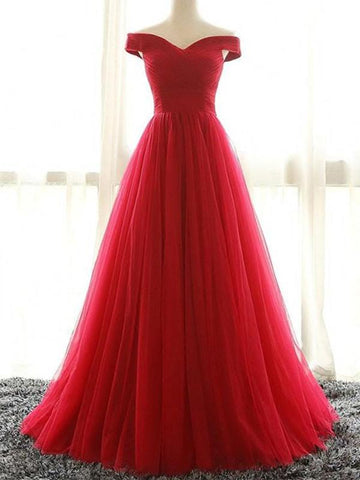 Red A Line Off Shoulder Floor Length Tulle Prom Dress, Off Shoulder Graduation Dress, Red Formal Dress