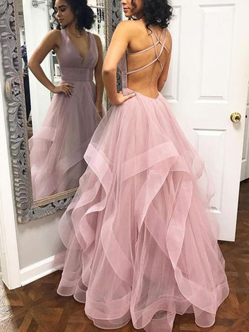 A Line V Neck Dusty Rose Long Open Back  Prom Dresses With Straps,  Dusty Rose Ruffles Formal Graduation Evening Dress