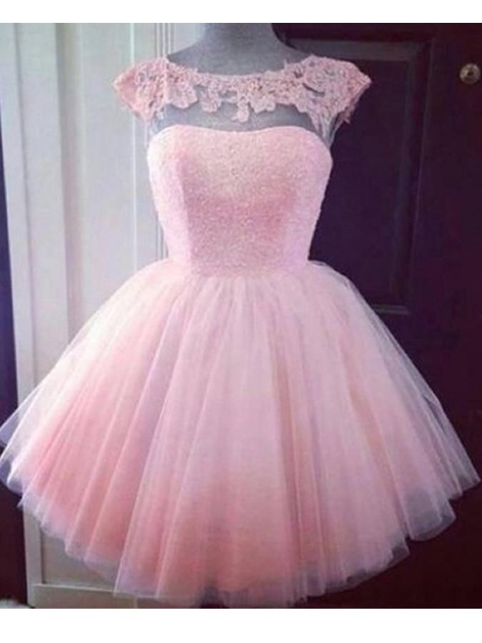 Round Neck Pink Short Lace Prom Dress, Pink Lace Homecoming/Graduation Dress