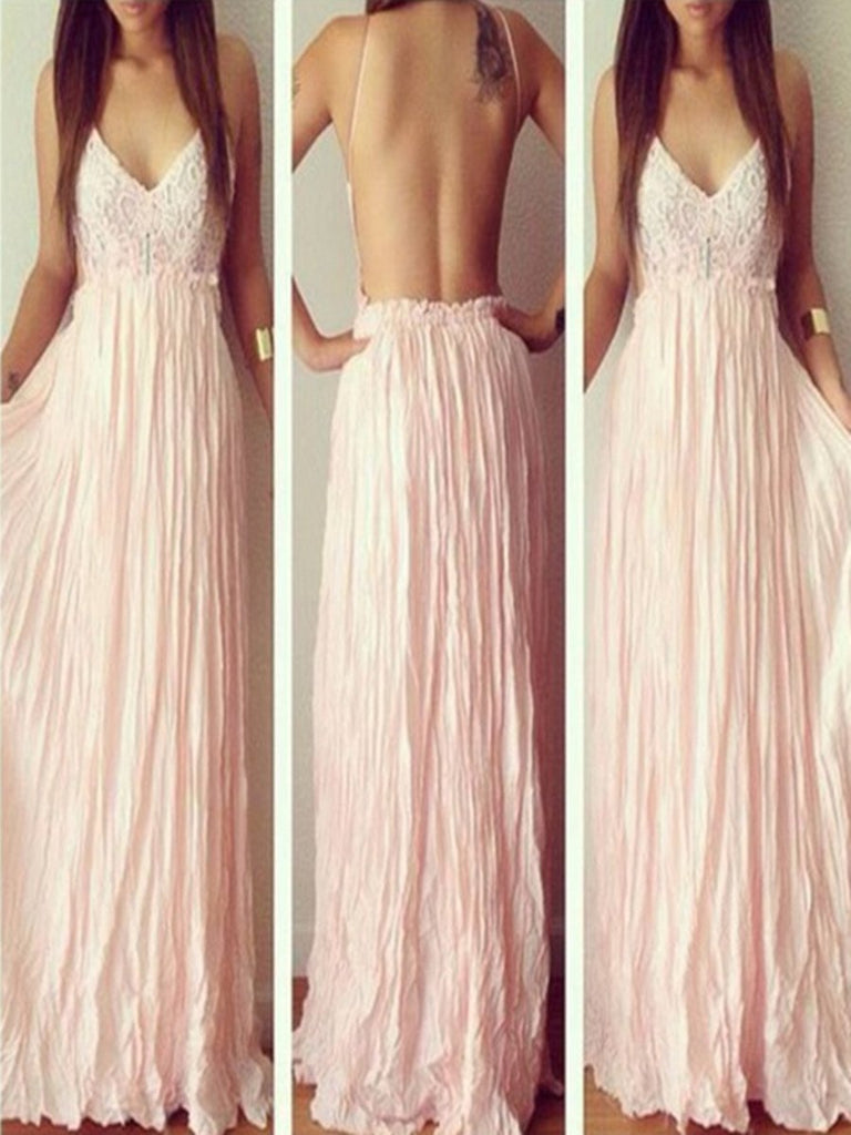 Custom Made V Neck Pink Backless Prom Dresses, Pink Backless Formal Dresses