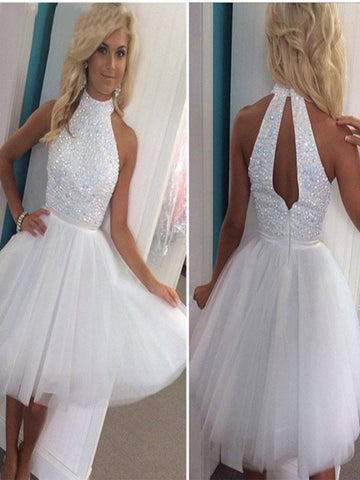 Custom Made A Line High Neck Short White Prom Dress, Short White Homecoming Dress, White Graduation Dress