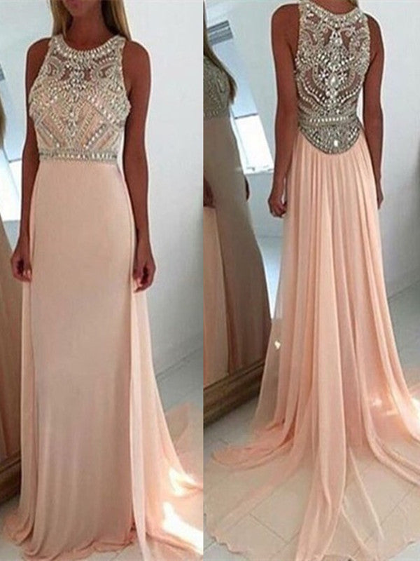 A Line Round Neck Light Pink Long Prom Dress, Pink Long Formal Dress, Graduation Dress