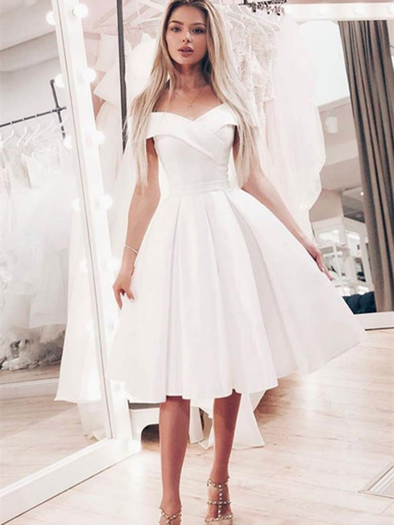 Simple white off shoulder satin short prom dress, Short bridesmaid dress, White homecomimg dress
