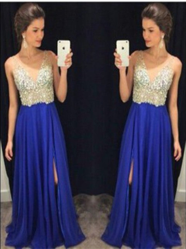 Custom Made A Line V Neck Blue Prom Dresses, Blue Formal Dresses, Evening Dresses