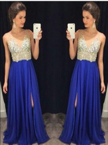 Custom Made A Line V Neck Blue Prom Dresses, Blue Formal Dresses, Evening Dresses