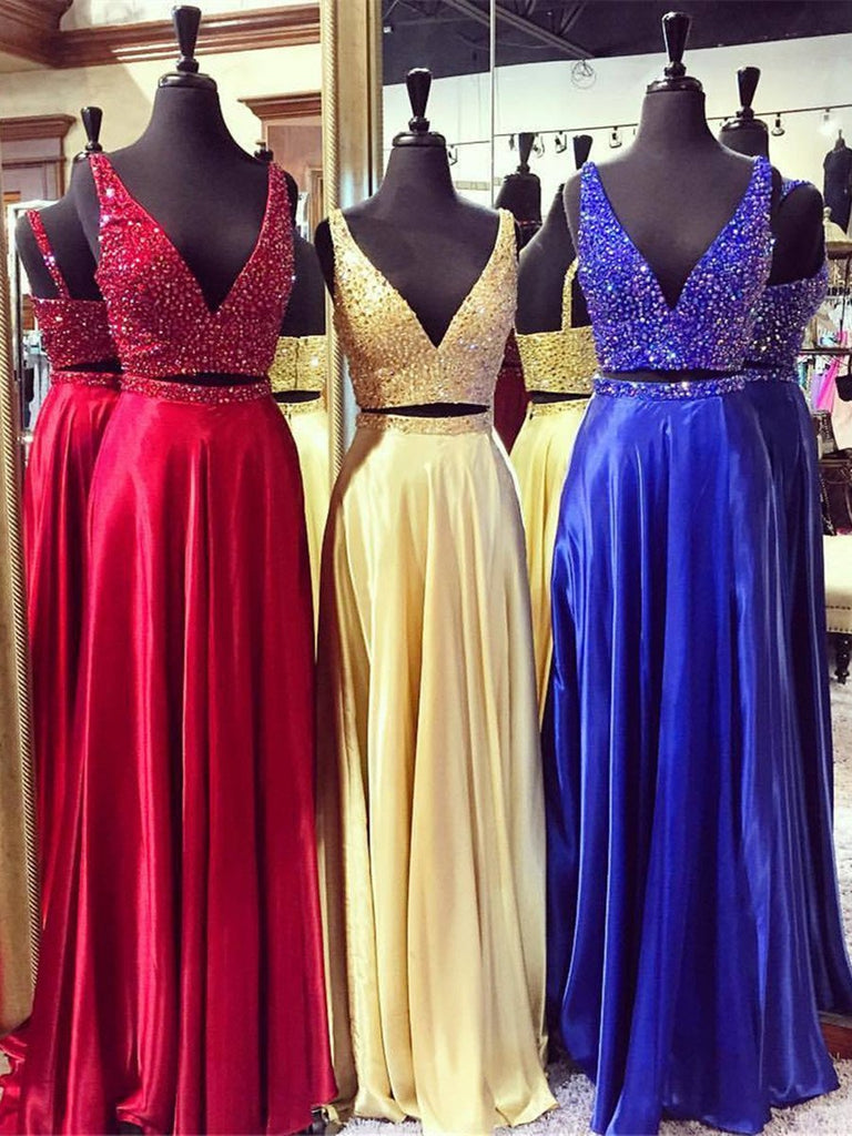 A Line V Neck 2 Pieces Red/Yellow/Blue Prom Dress, 2 Pieces Formal Dre morievent A Line V Neck 2 Pieces Red/Yellow/Blue Prom Dress, 2 Pieces Formal Dre morievent